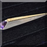 J018. 18Kg and sterling art deco pin with purple stone. Marked. - $165 